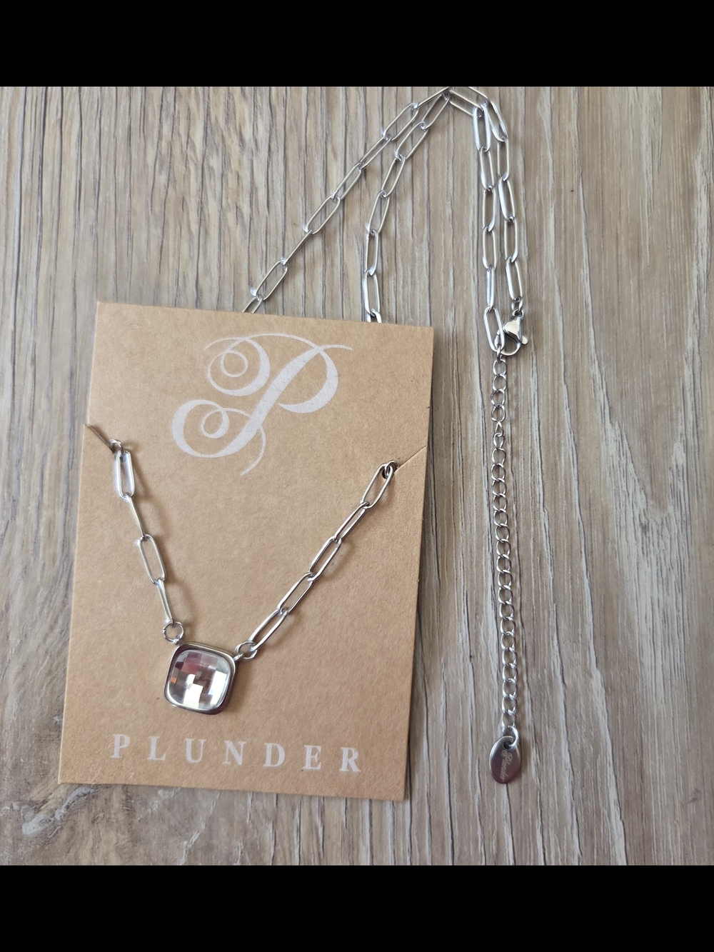 Plunder Silver-Tone Chain Necklace with Clear Glass Cushion Pendant